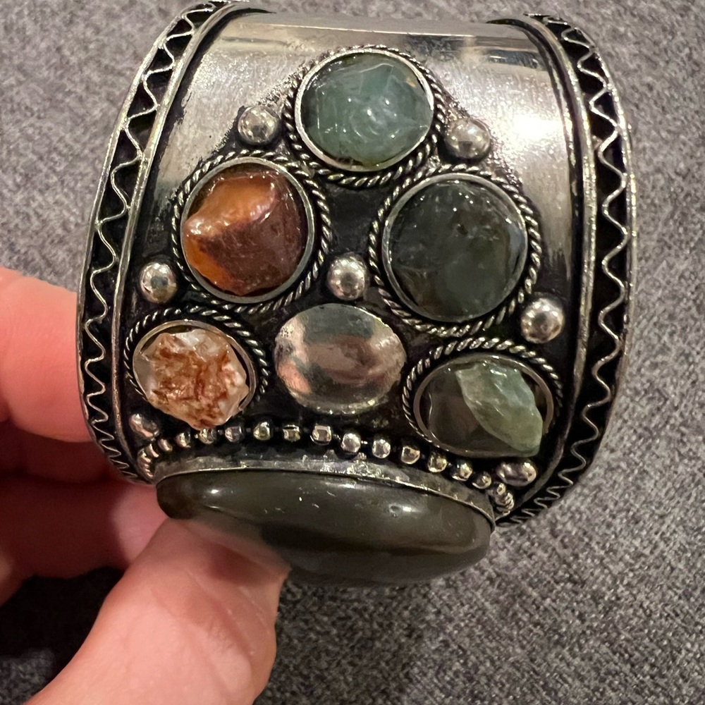Beautiful Multi Colored Stone Silver Cuff Bracelet - image 5